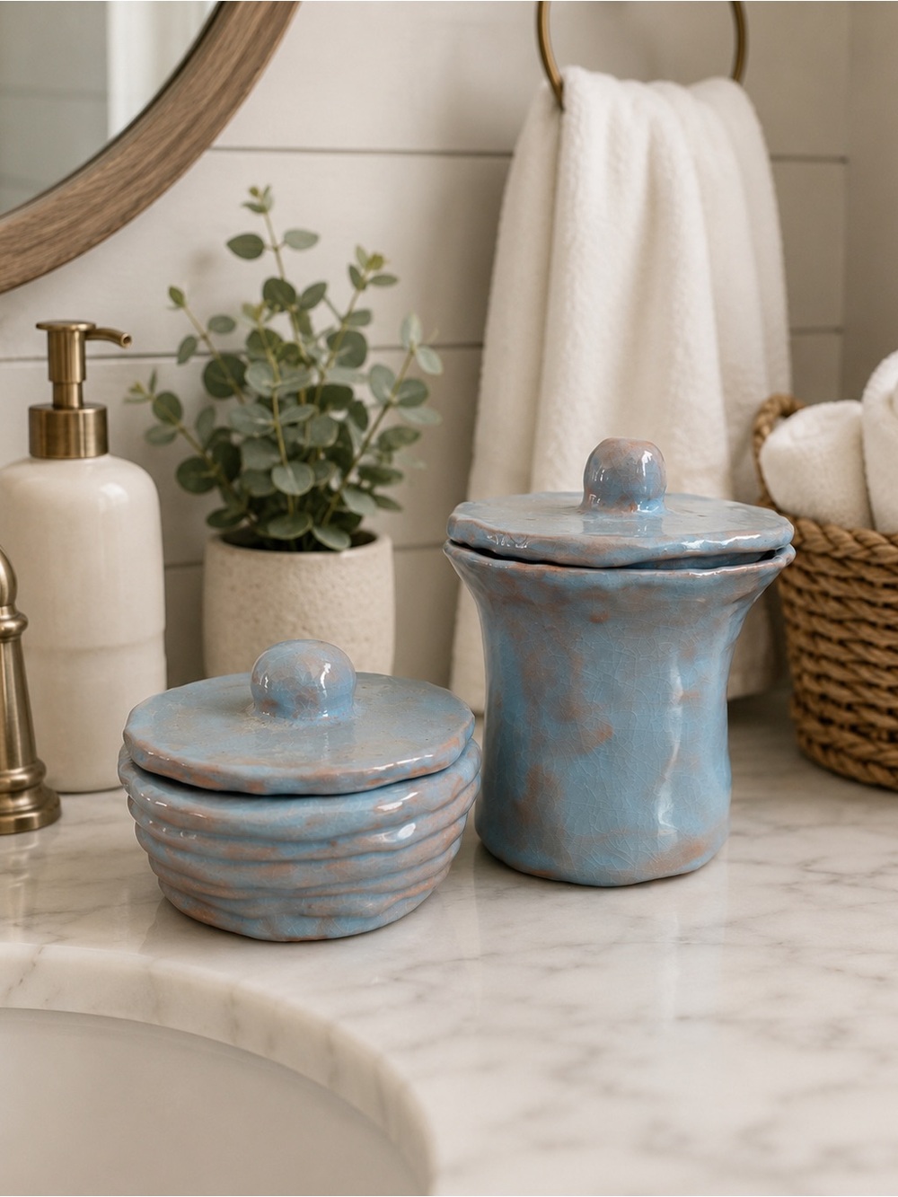 Glazed Ceramic Bathroom Canister Set in Blue and Brown -